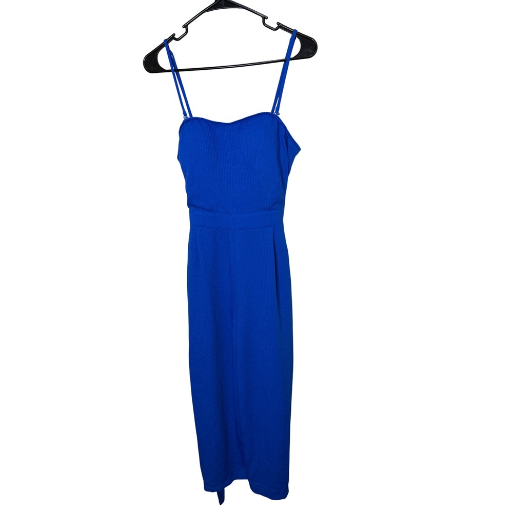 AQUA‎ Cobalt Blue Ribbed Wide Leg 
Jumpsuit Spaghetti Straps Belted Size L